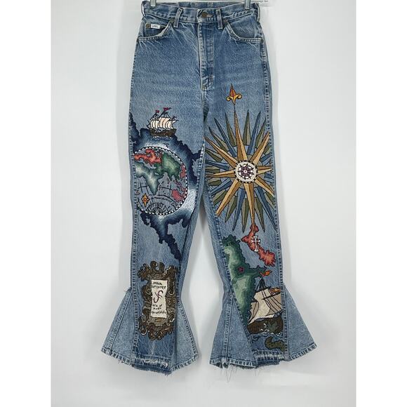 Vintage‎ 80's 90's Nautical Themed Embroidered Flair Lee Jeans Size 6 OOAK Rare - Picture 1 of 16